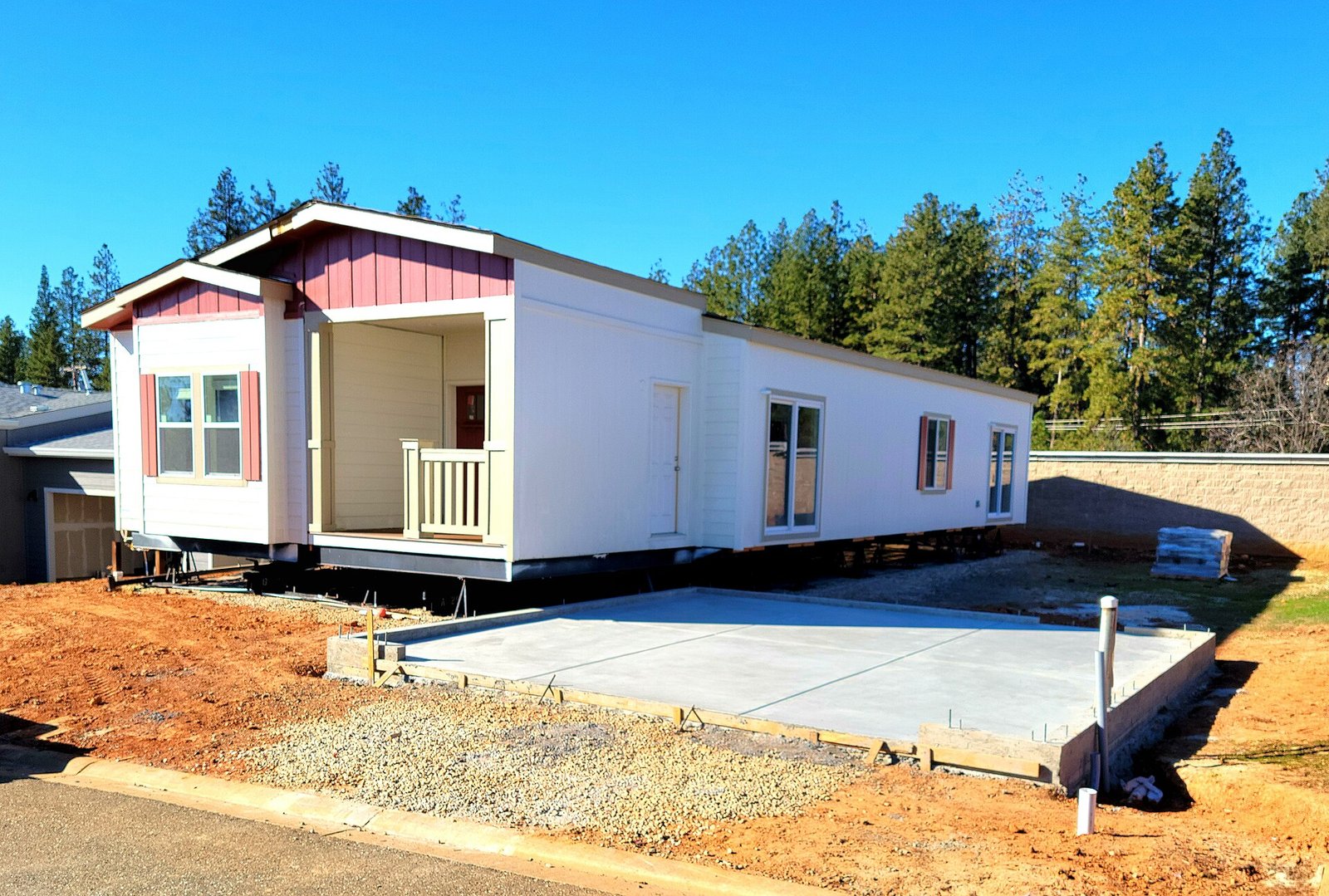 Modular home exterior at sunset