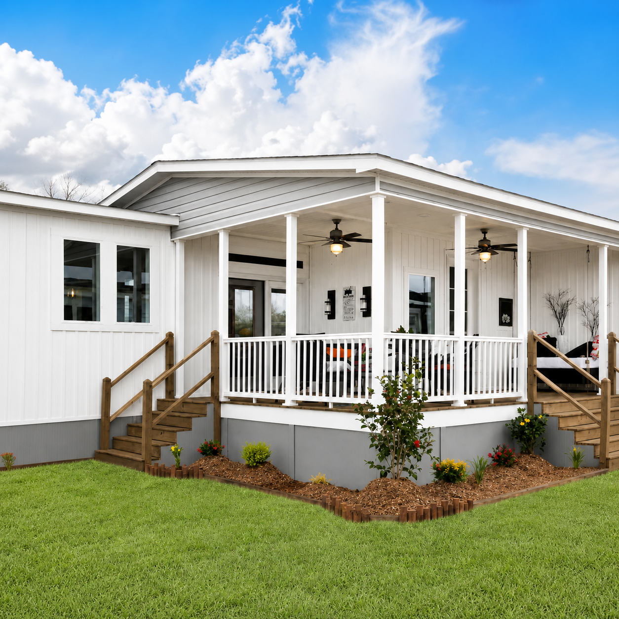 Manufactured home with porch and lawn