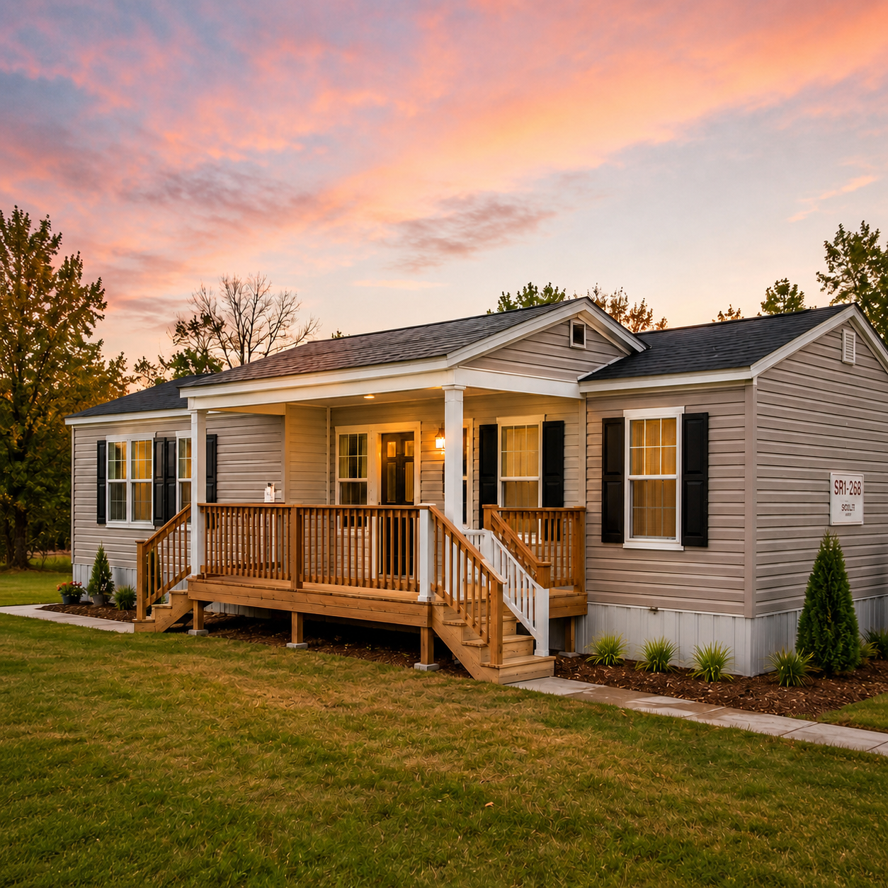 Modular home exterior at sunset